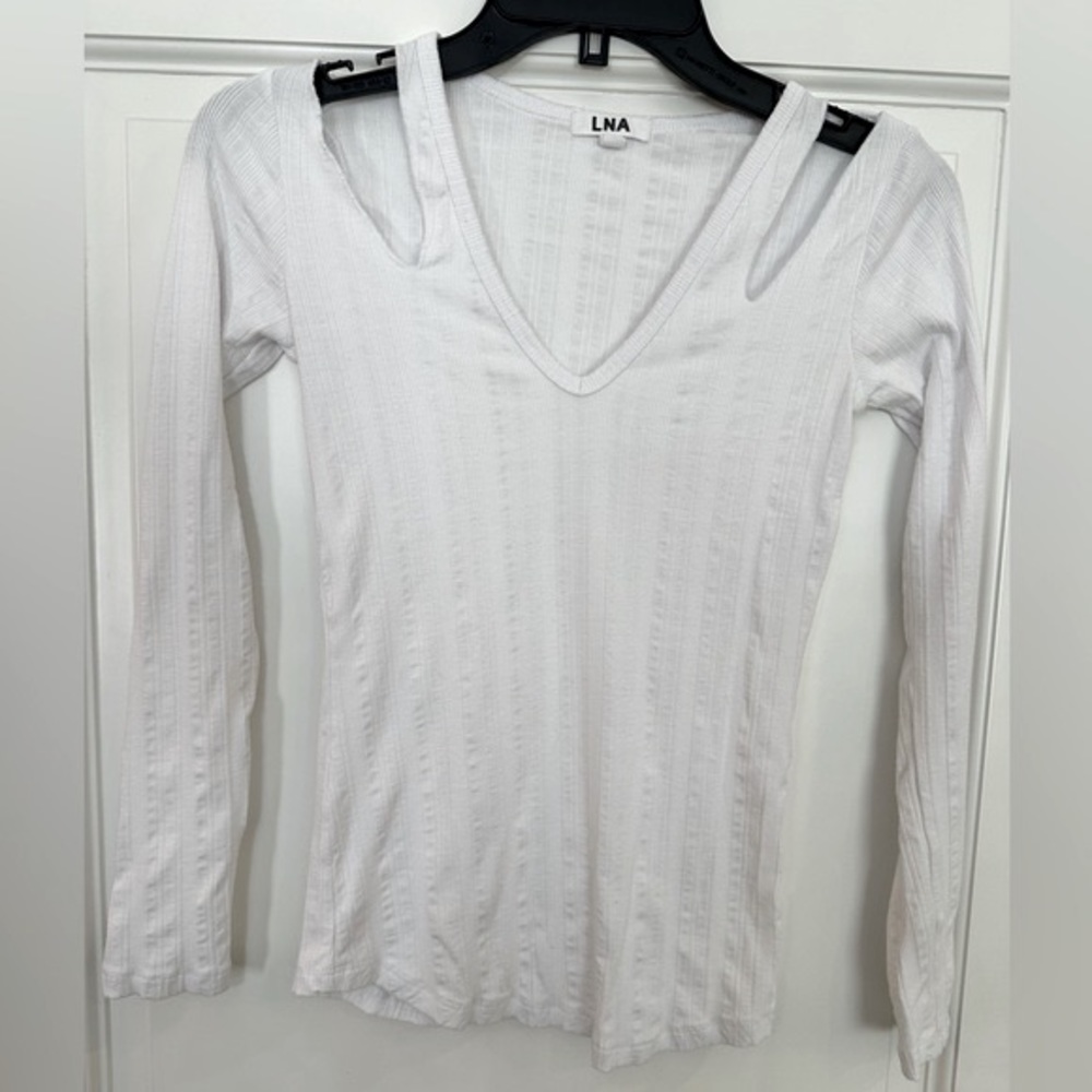 LNA ribbed white long sleeve top with cut out shoulders - Picture 2 of 5